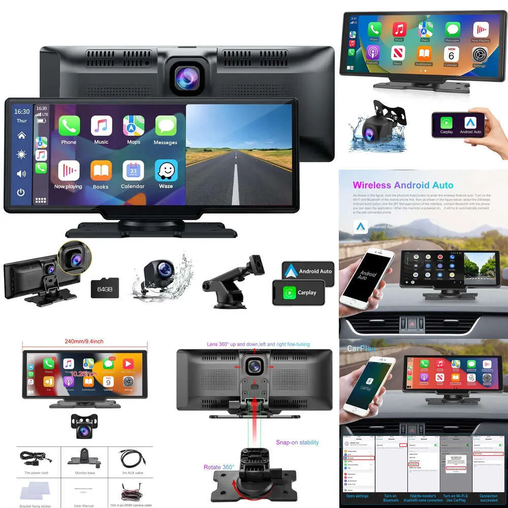 Upgrade 10.26 "stereo Apple Carplay Android Auto 2,5k Dash Cam, 1080p Backup Camera Radio z Bluetooth/Mirror Link/mapy nawigacja/kontrola głosu/64GTF karta/FM