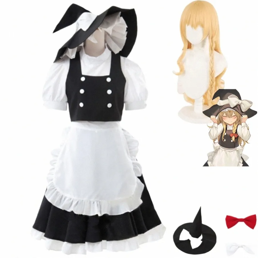 Anime Spiel Touhou Projekt Kirisame Marisa Cosplay Kostüm Kirisame Magic Shop Perücke Maid Kleidung Frau Sexy Kawaii Halen Anzug Q7vU #