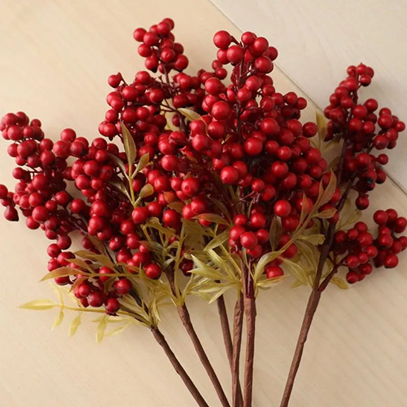 Decorative Flowers False Red Berry Pick Holly Branch Wreath Tree Hanging Or Arrangements Decoration Simulation In Vase