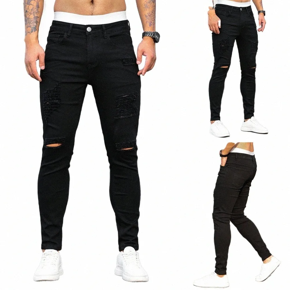 Spring Hip Hop Pants Stretch Men's Slim Ripped Trousers Black Classic Streetwear Casual Designer Cowboy pojkvän Jeans för män R0i2#