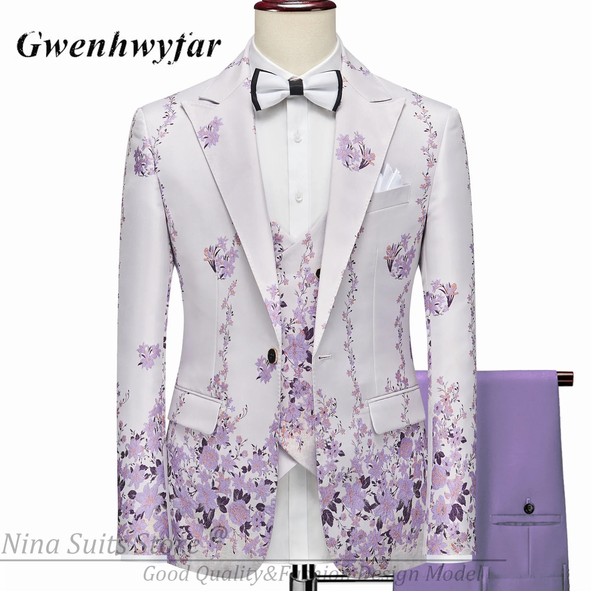 Adequado gn 2023 nova série masculina blazer beautiful lilac lilac roxo padrão floral smokings 3 peças fantasia de festa formal homme slim fit