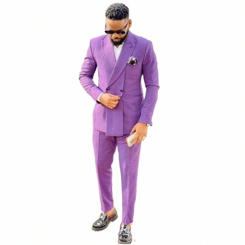 Blazers Define Casaco Roxo Calças Mais Recente Design Casamento De Luxo Roupas Masculinas Double Breasted Terno Homens 2 Peças Novidade Em Roupas U3z9 #