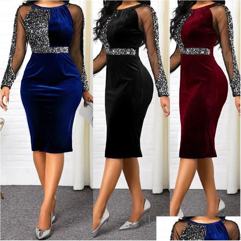 Basic & Casual Dresses Y Women See Through Sheer Long Sleeve Shiny Sequin Office Party Bodycon Dress Midi Robe Femme Elegant Vestidos Dh0Cy