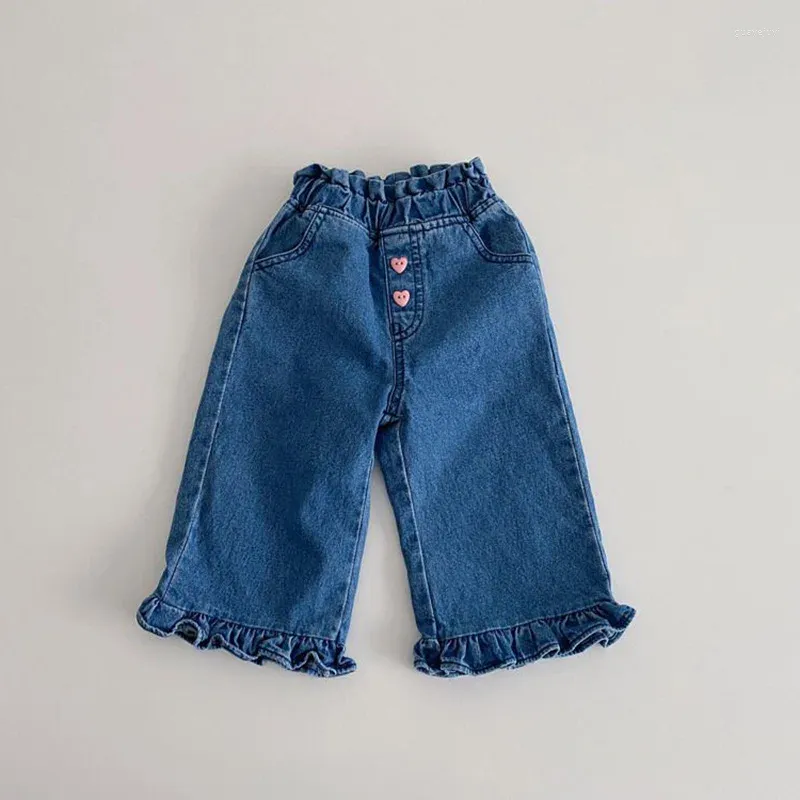 Hosen 2024 Frühling Kinder Lose Denim Baby Mädchen Nette Spitze Breite Bein Hosen Kleinkind Mode Vielseitige Jeans Kinder Kleidung