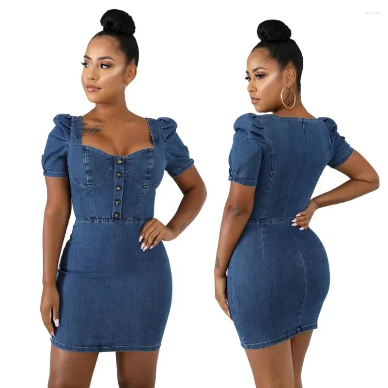 Party Dresses Jeans Skater Dress Sexy Women V-neck Short Sleeve Bodycon Casual Denim Vestidos