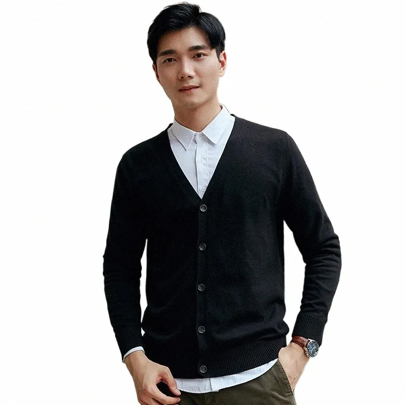 2023 Spring Autumn New Cott Knitted Cardigan Slim Lg Sleeve Korean Versi Men's Fi V-Neck Sweater Simple Casual Coat 079h#
