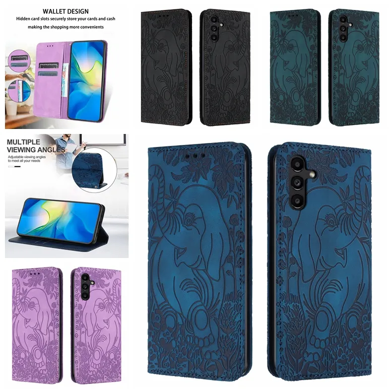 S24 Étuis en cuir de fleur d'éléphant pour Samsung S23 Plus FE S22 Ultra A15 A35 A55 A05S A34 A54 A14 Suck Wallet Mentions légales Porte-carte d'identité de crédit Pochette à rabat avec sangle