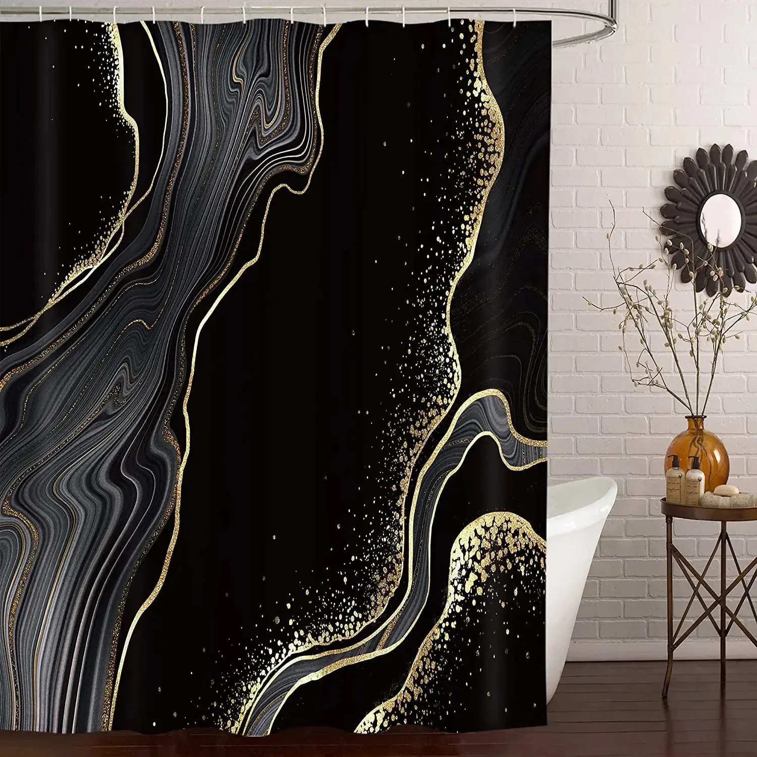 Czarny złoty marmurowy crack łazienka prysznicowa zasłona prysznicowa luksus abstrakcyjny deco teksturowany geode sztuki poliestrowe haczyki do kąpieli 240328