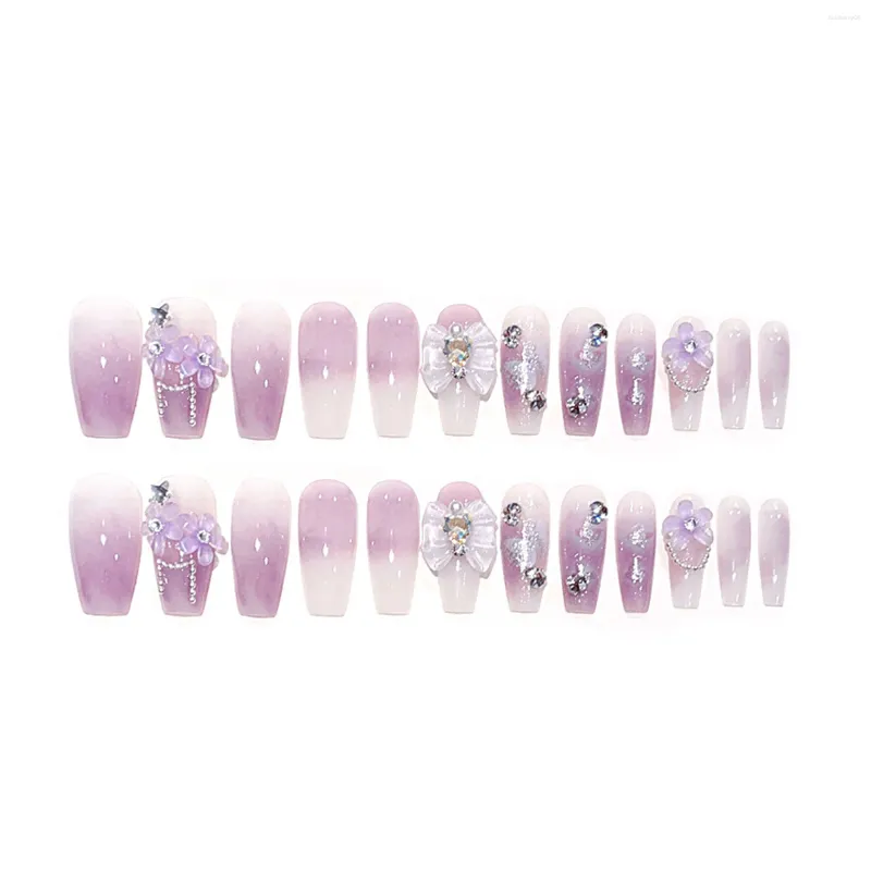 Faux ongles en forme de coeur strass violet long luxueux rougi artificiel pour la décoration de manucure d'art d'ongle