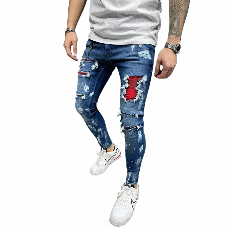 Rasgado Fi Men's Jeans Wed Patch Elastic Cott Pernas Pequenas Ciclismo Esportes LG Jeans Cor Ctrast Paint Elastic Pants u9ii #