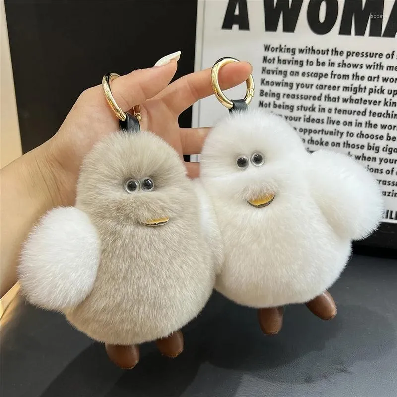 Porte-clés en peluche véritable Rex fourrure porte-clés mignon petit oiseau peluche femme sac ornements clé de voiture bibelots anneau en métal bijoux charme cadeau