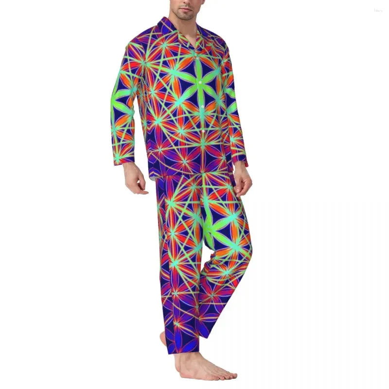 Startseite Bekleidung Pyjama-Set mit Sacred-Geo-Print, Blume des Lebens, niedliche, weiche Nachtwäsche, langärmelig, lässig, täglich, 2-teiliger Anzug für Männer