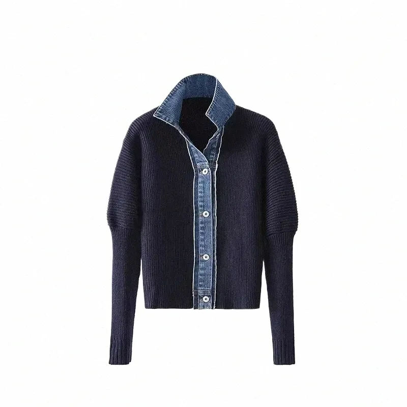 Coréen Fi Pull Veste Printemps Denim Patchwork Tricoté Cardigan Col Rabattu Simple Boutonnage Vingtage Manteau En Tricot X1123 a3ZS #