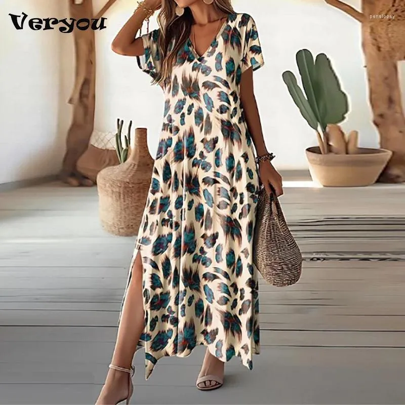 Casual Dresses 2024 Spring Vintage Pattern Print Long Dress Women Elegant V-Neck Side Split Party Summer Short Sleeve Loose Boho