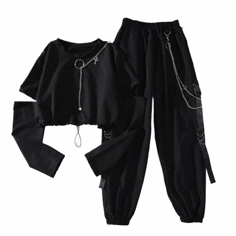 spring Autumn Women Harajuku Cargo Pants Handsome Cool Two-piece Suit Chain Lg Sleeve+Ribb Pants c0xL#