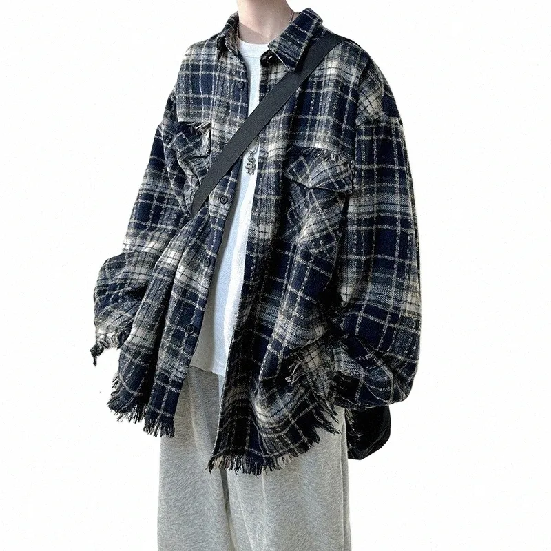 春の衣類メンズ韓国のカジュアルな高級テクスチャー格子縞のシャツヴィンテージルーズチェックバッツソリッドスリーブ2024新しいB8kg＃