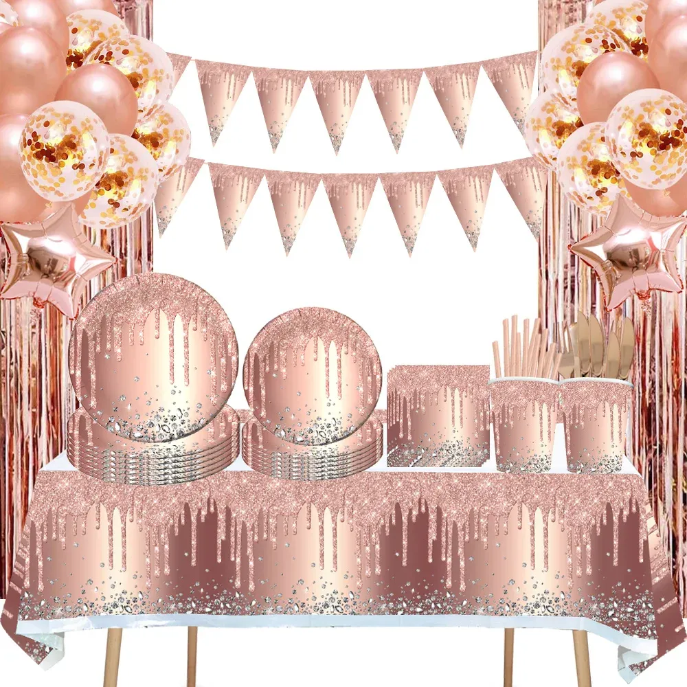 Timers Rose Gold Feestartikelen Wegwerpservies Set Diamant Glitter Papieren Bord Cup Bruiloft Verjaardagsfeestje Decoratie Kid Ballonnen