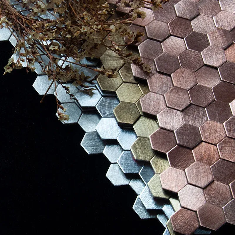 Klistermärken konkava 3D väggdekor metall mosaik kakel aluminium hexagon metall mosaik för bänk vardagsrum TV bakgrund väggklistermärken
