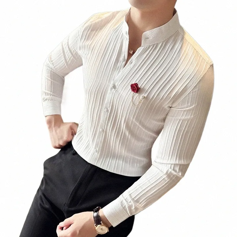 Primavera Fi Man Marca Qualidade Social Listrado Camisas Luxo Mens Branco Slim Fit Manga LG Dr Camisa Chemise Homme Techwear 38XI #