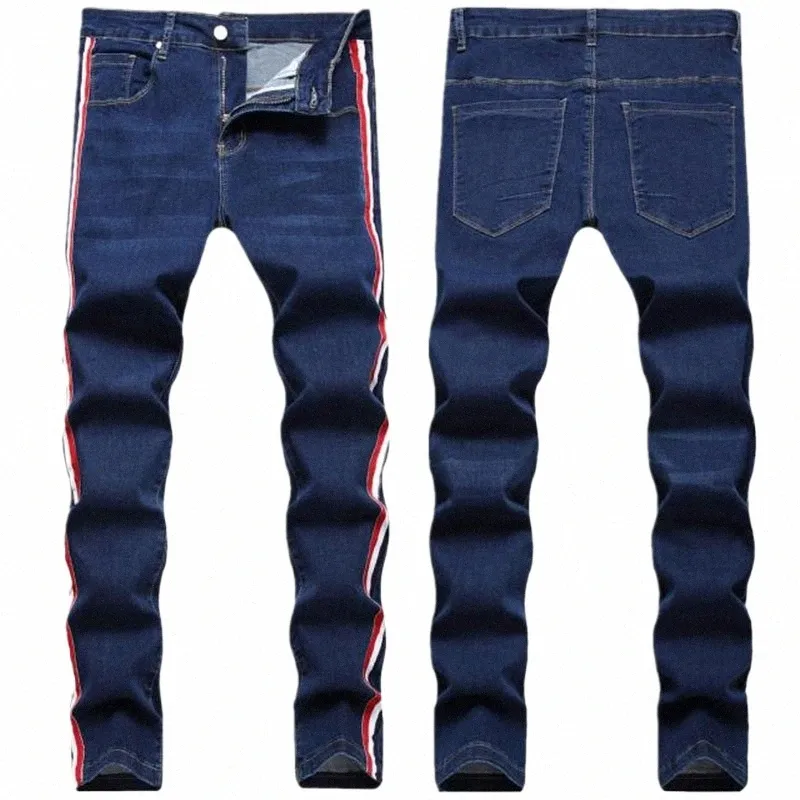 Calça jeans listrada lateral masculina, nova fi cott reta elástica calça jeans estilo clássico jean hombre calças masculinas k0jU #