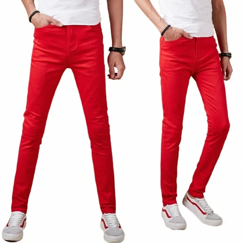 jeans skinny uomini 2021 uomini coreani in streetwear pantaloni sottili pantaloni allungati pantaloni abiti rossi casual per adolescenti pantaloni f2gg#