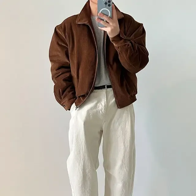 Korean Style Corduroy Jacket Men - Stand Collar, Zipper, Short