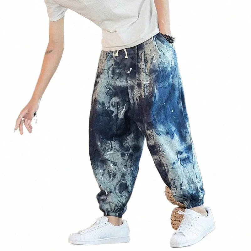 Män harembyxor joggar tryckt dragsko drop-crotch byxor män 2023 Autumn Loose Streetwear Cott Linen Casual Pants K79C#