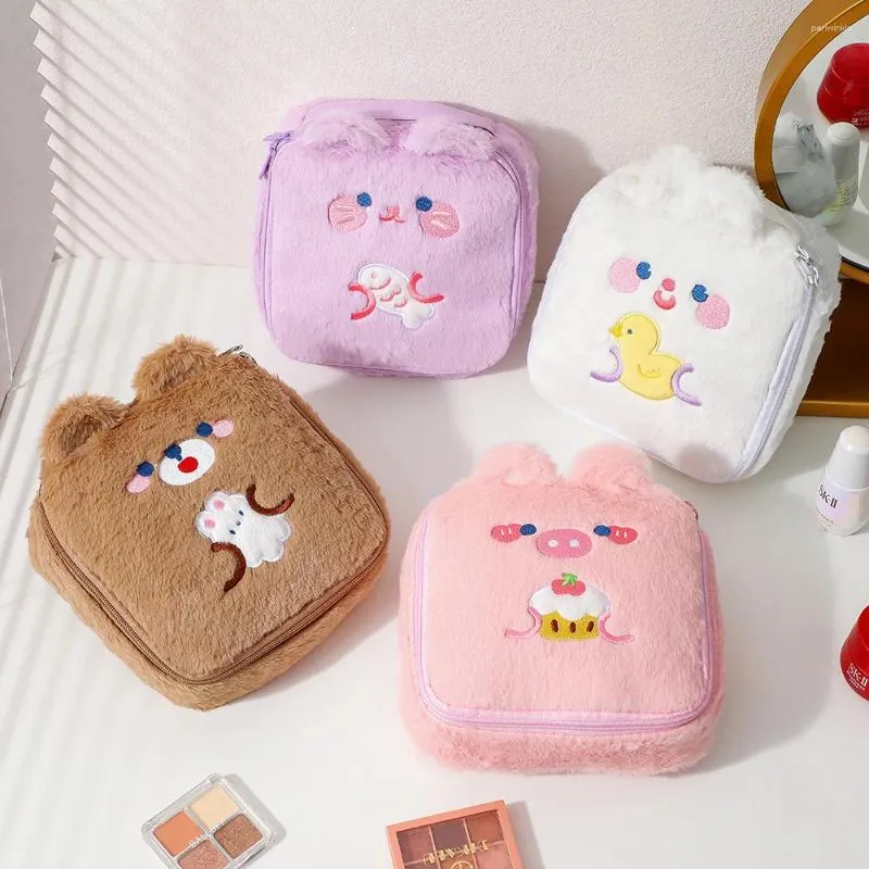 Storage Bags Cartoon Plush Makeup Bag Sanitary Napkin Large Capacity Cosmetic Organizers Mini Travel Washbag