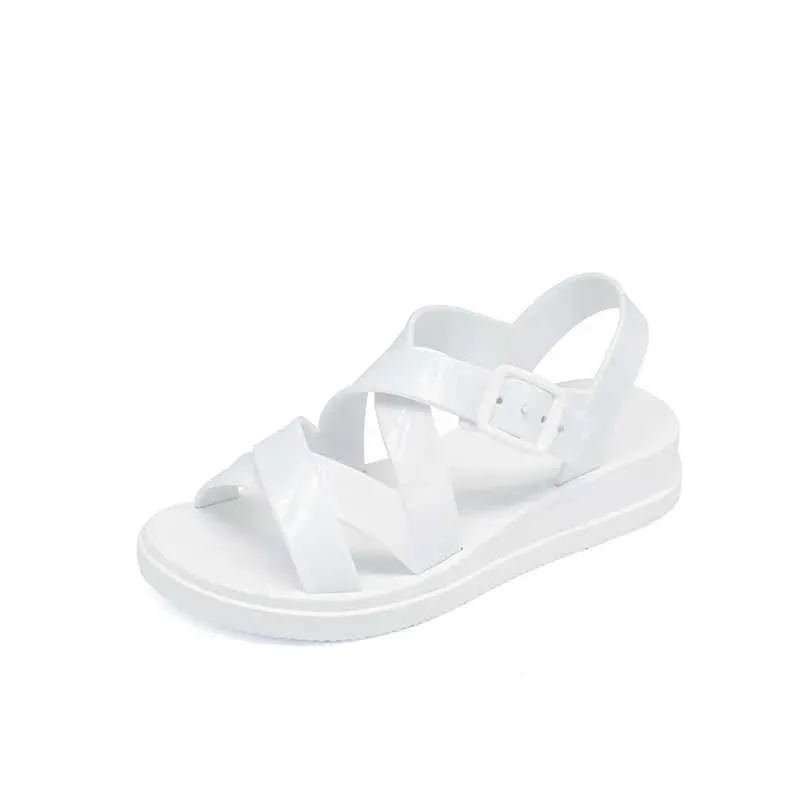 Sandales PVC Fille 2023 Nouvelle Mode Instagram Tendance Célébrité Casual Fond Plat Fée Plage Simple Chaussures Romaines Bout Rond H240328SRTD