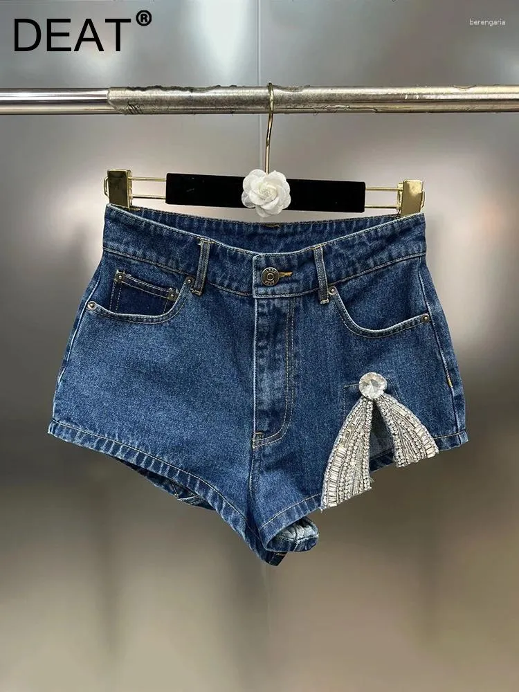 Shorts femininos tendência bainha diamante retalhos de retalhos jeans feminina alta cintura padrão vintage jeans curto fêmea 2024 verão 11xx22244