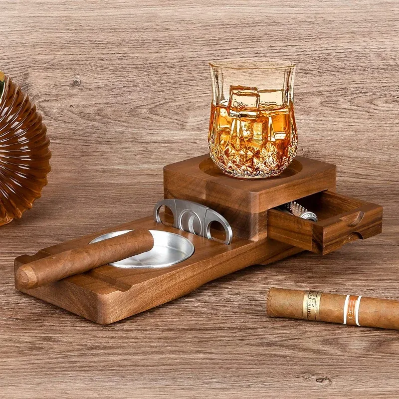 Calligraphy Wooden Cigar Ashtray Beverage Solid Wood Coaster Whiskey Tray Cigar Holder Cigar Box