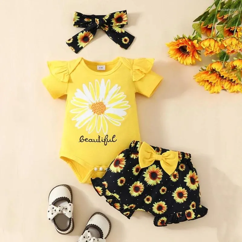 Giyim setleri bebek kız yaz 3pcs kıyafetler mektup baskı kısa kollu süren ayçiçeği şort kafa bandı set giysileri