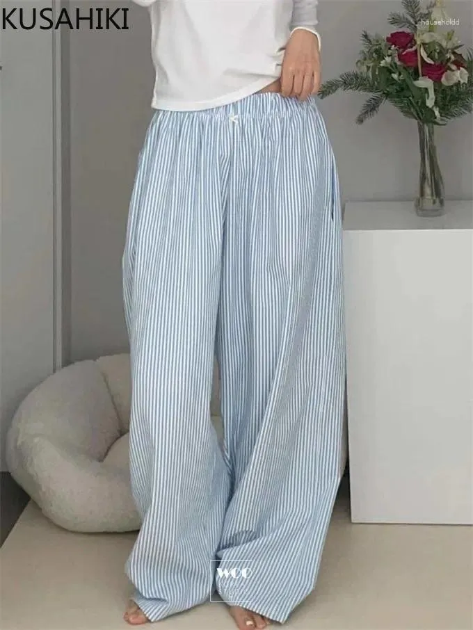 Pantalones para mujer Kusahiki 2024 Primavera Coreano Raya Plisada Cintura Elástica Pierna Ancha Moda Casual Chica Picante Pantalones Largos Pantalones Mujer