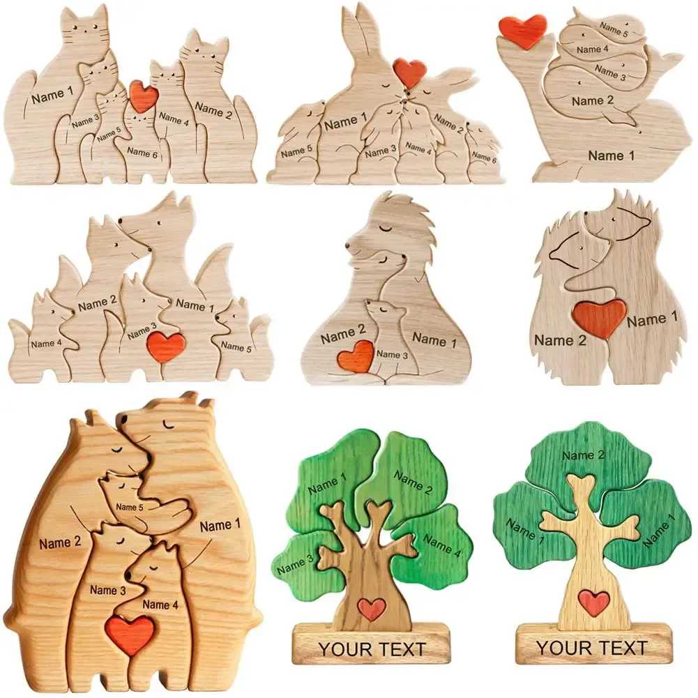 Miniature Animali personalizzati Orso in legno Puzzle per famiglie Nome personalizzato Decorazioni per il desktop Regali di anniversario di Natale per i genitori