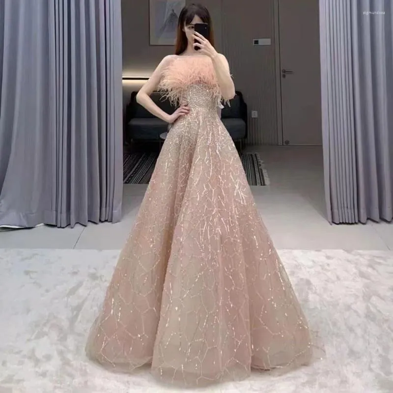 Party Dresses Serene Hill Blush Pink Sleeveless A Line Off Shoulder Beaded Luxury Feathers Evening Gowns For Women 2024 GLA71797