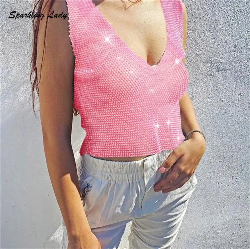 Women's Tanks Sexy Trending Summer Street Wear Top Sleeveless V Neck Breathable Hollow Out Diamond Mesh Rhinestone Fashion Crop