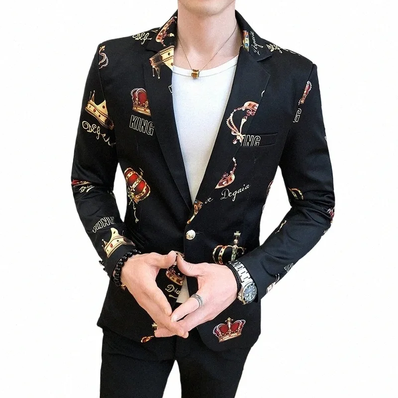 Blazers pour hommes 2021 Printemps Couronne Impression Costume Veste Hommes Casual Slim Club Stage Chanteur Blazer Hommes Élégant Formel Tuxedo Veste C9zd #