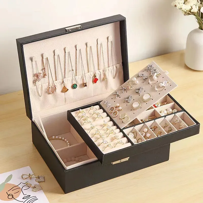 Caixa de jóias de couro de duas camadas organizador brincos anéis colar caso de armazenamento com bloqueio feminino meninas presente 240314