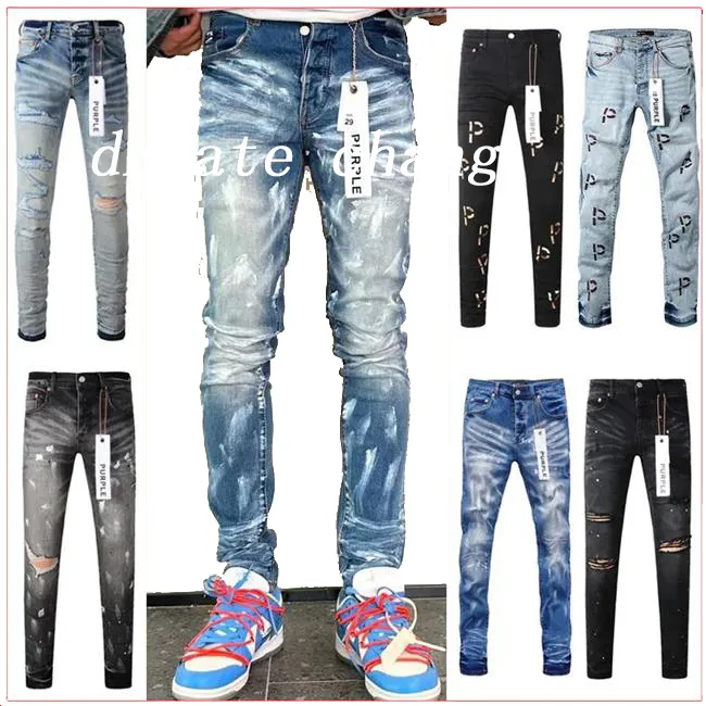 Purple jeans men jeans designers jean High Street Blue Denim Slim Fit Paint Graffiti Pattern Mens dress purple For Men Black Pants 932588952