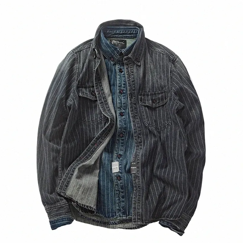 Mcikkny Vintage hommes rayure mer Denim chemises Cargo décontracté lg manches Jeans chemises pour homme taille S-XXL N4B1 #