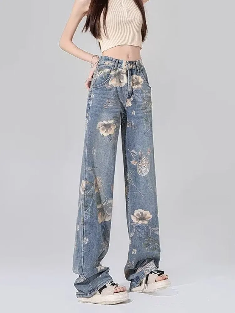 Street Style Printed Jeans - Womens High Waisted Wide Leg Street Style Printed Jeans - Womens High Waisted Wide Leg