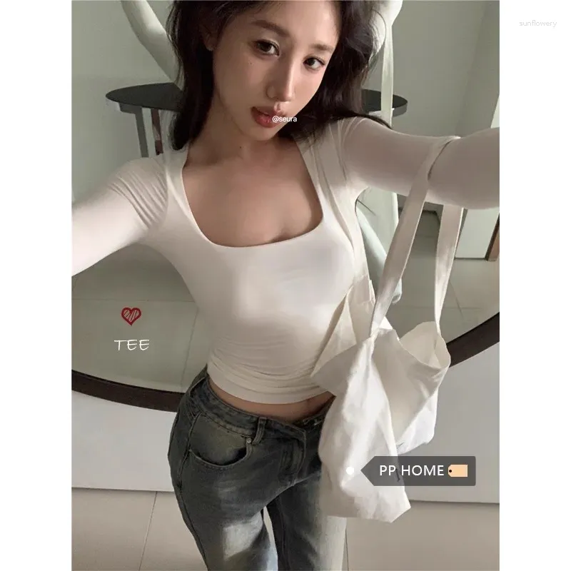 Women's T Shirts Pure Sexy Sweet Girl Tight Fit Long-sleeved T-shirt Spring Square Collar White Slim Bottom Top Female Clothes