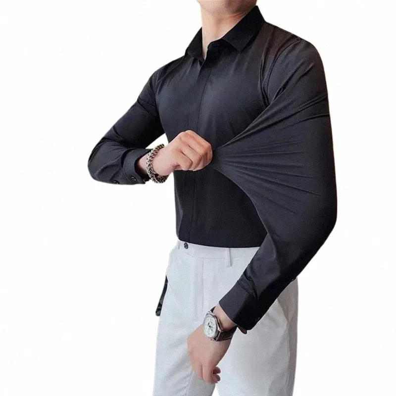 high-grade hidden butt men's light luxury high elastic seaml lg sleeve shirt busin casual n-iring anti-wrinkle K4NI#