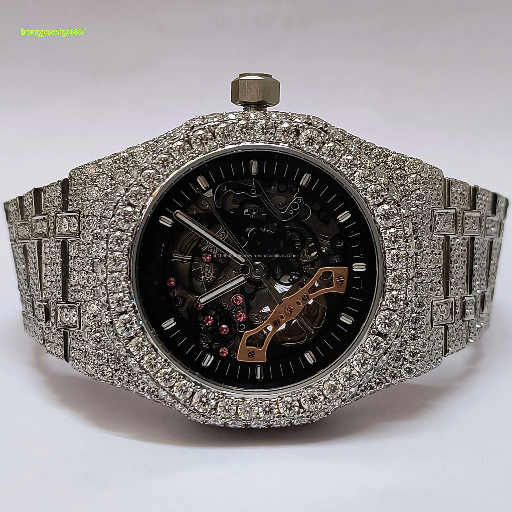 Novo 2024 design de luxo relógio diamante mostrador redondo vvs moissanite diamante relógio de luxo para mulher masculino