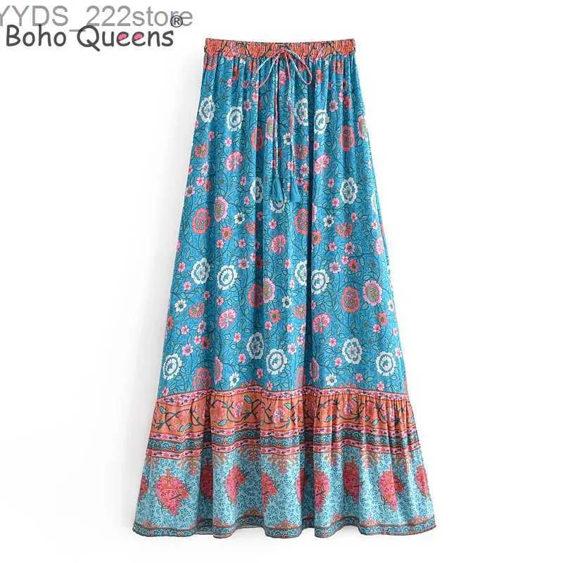 Kjolar skorts boho drottningar hippie kvinnor blommor tryck tofs strand bohemiska veckade kjol damer hög elastisk midja a-line rayon maxi yq240328