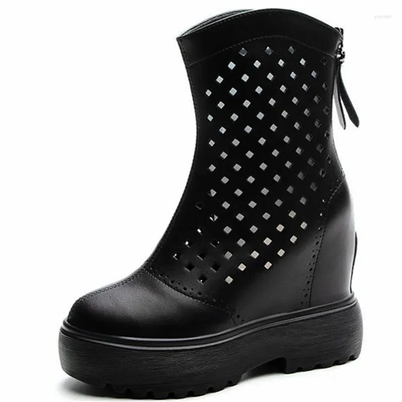 Bottes en cuir véritable femmes été sandales creuses cheville blanc noir air maille respirant 11 cm talon plate-forme épaisse