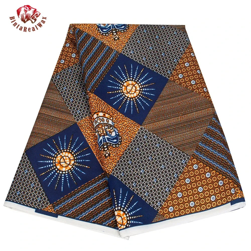 Fabric BintarealWax 6 yards/Lot African Fabric Crown Patroon Polyester Materiaal voor handwikkelende naaien Women Dress Cloth FP6494