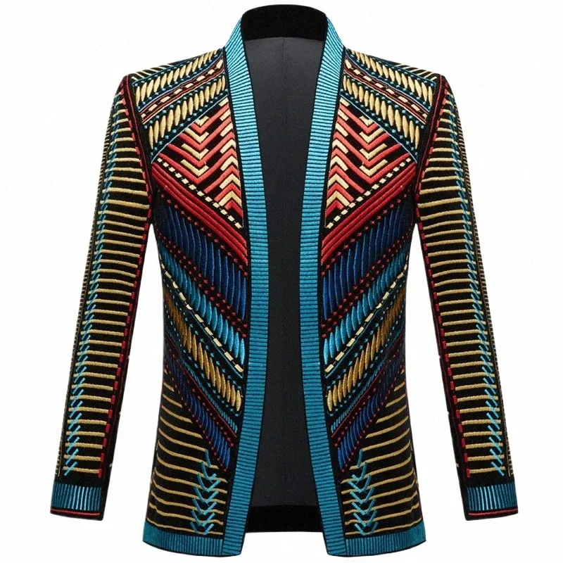 Vintage coloré broderie Costume veste Blazer hommes Veeteen veste Style ethnique rayé chanteur scène Costume décontracté Cardigan G76s #