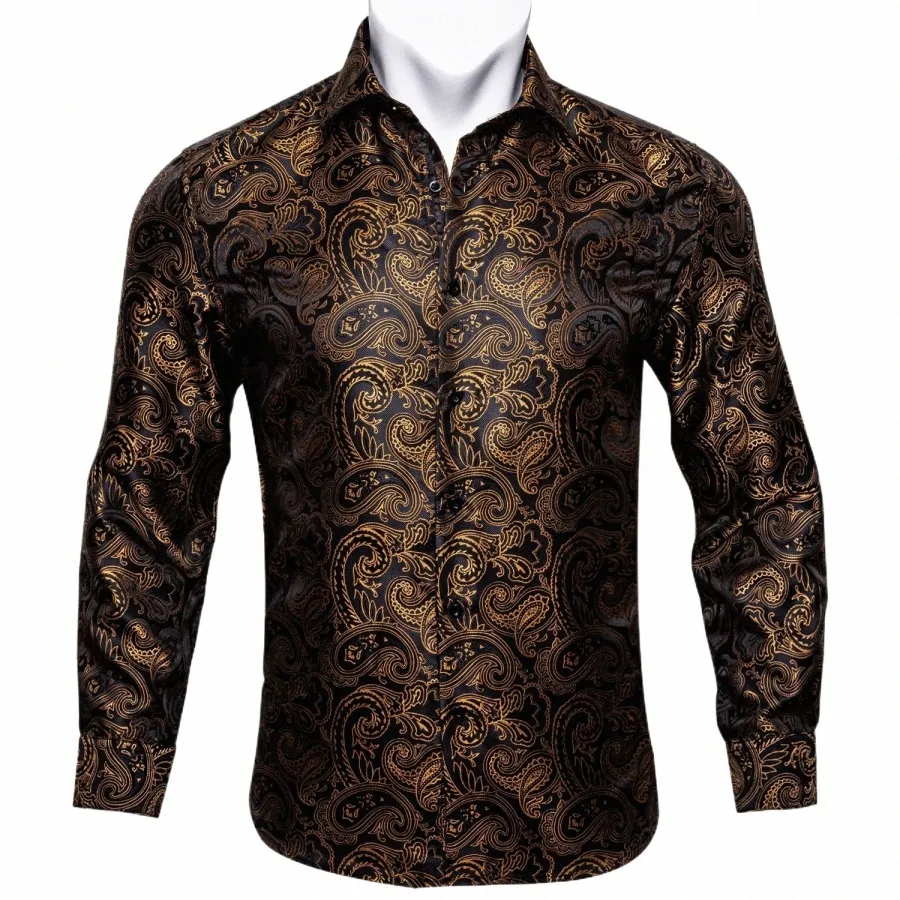 Barry.Wang Gold Paisley Bright Silks Men Men Autumn LG SleeveカジュアルFRシャツ男性デザイナーフィットDRシャツBCY-07 V97Y＃