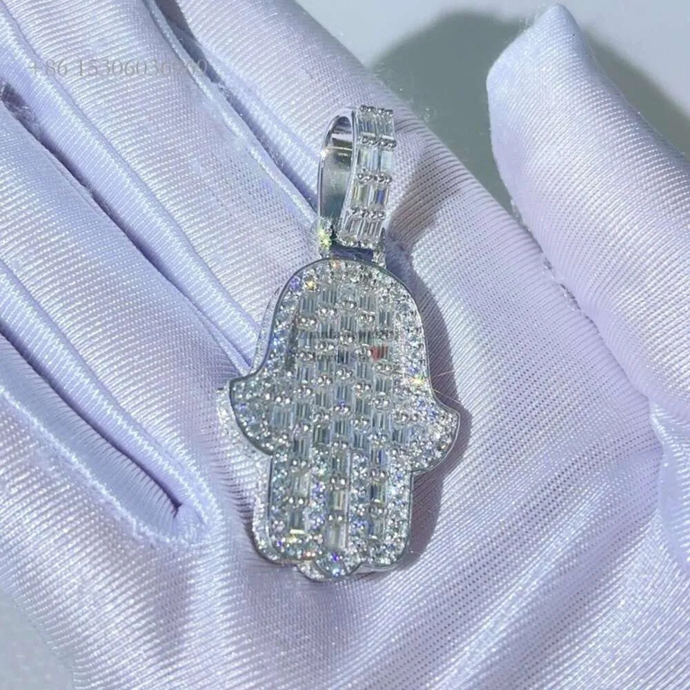 Gra certifié Baguette coupe Hip Hop adapté pour chaîne de Tennis 4Mm Sier Moissanite Hamsa pendentif